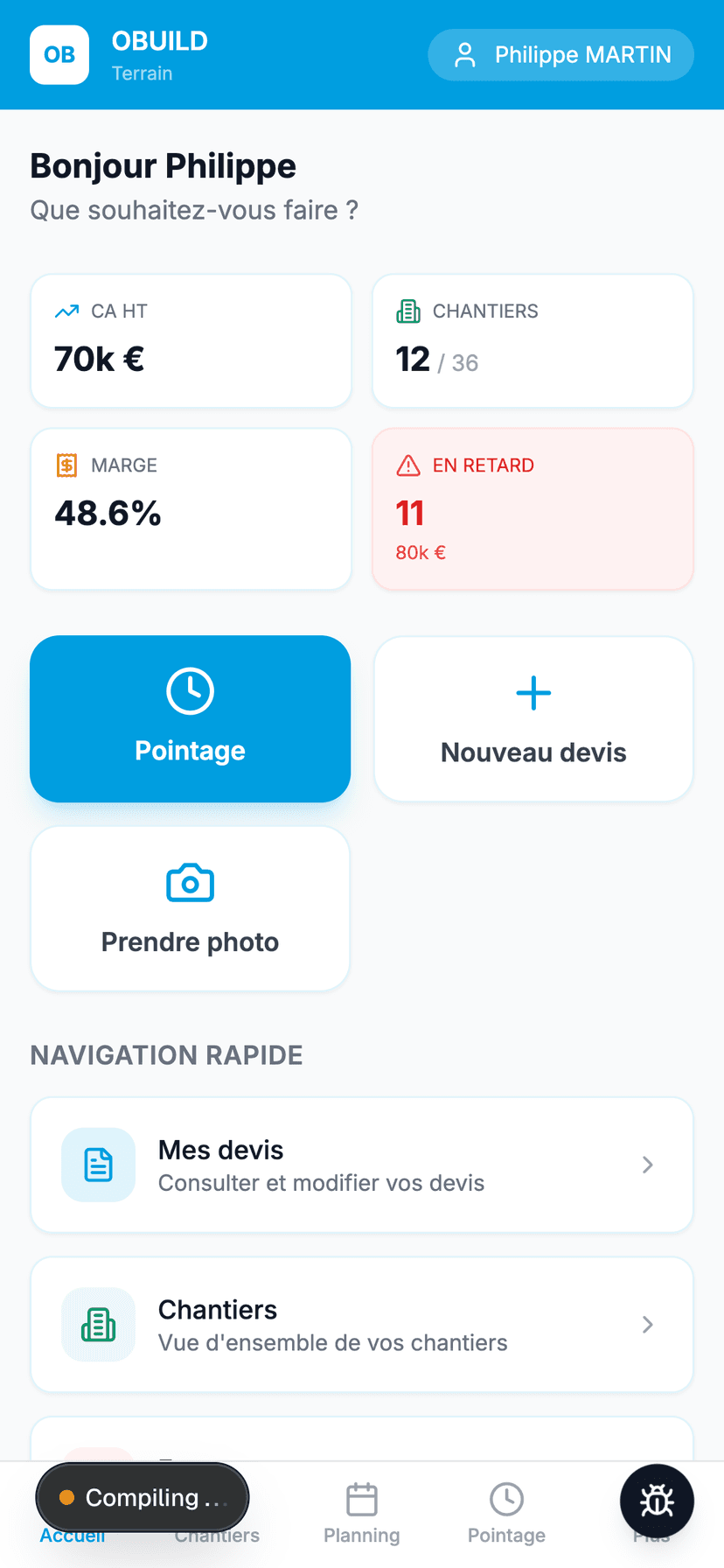 OBUILD sur mobile — tableau de bord
